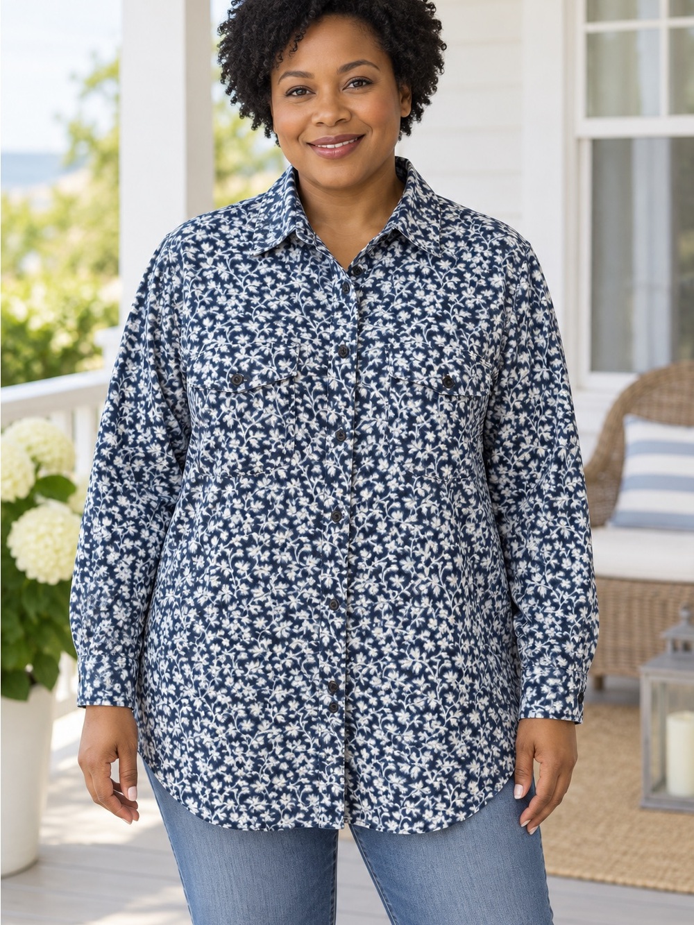 Lauren Ralph Lauren 2X Navy Floral Cotton Button Down Tunic Shirt
